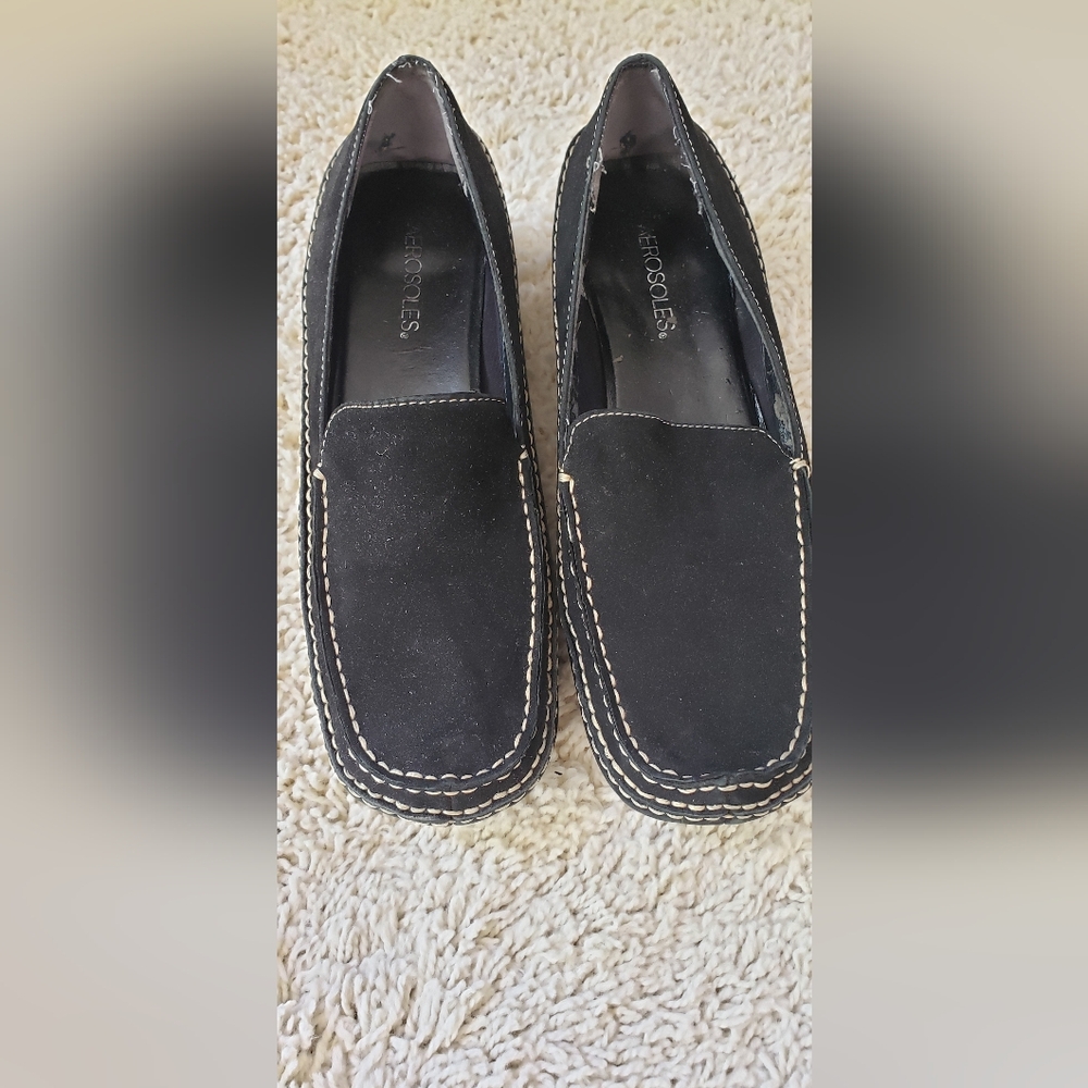 Aerosols Black suede wedge loafers/shoes BLACK tan stitching
